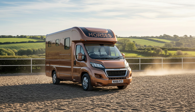 Bronze horsebox in a sand arena