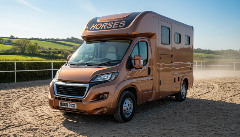 Bronze horsebox parked beside a sand arena