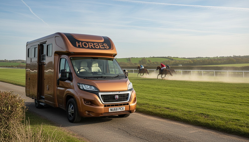 Bronze horsebox with racehorses galloping behind