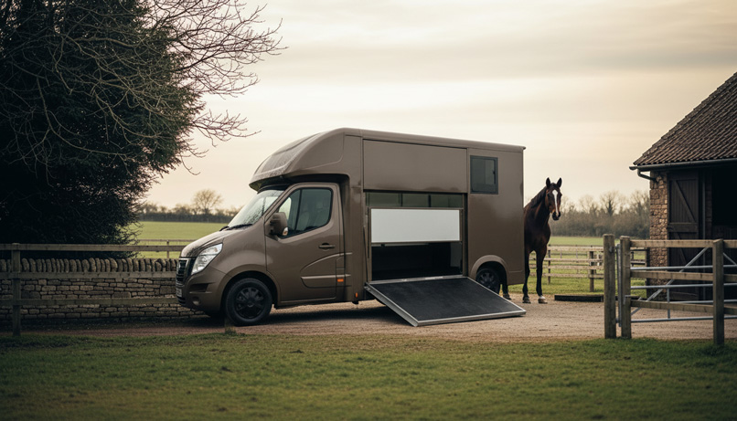 Bronze horsebox with ramp down and horse at dusk