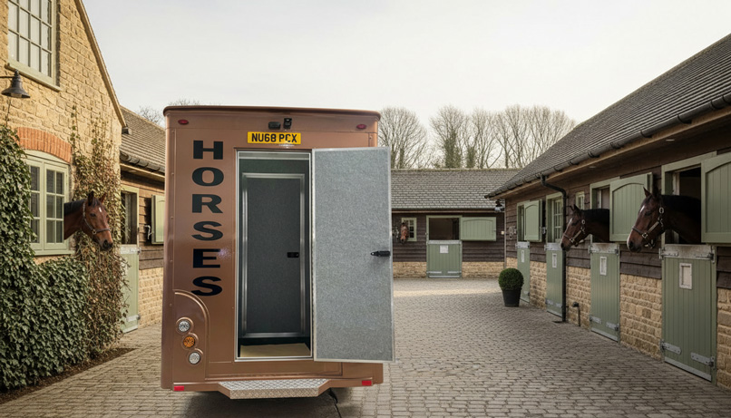 Bronze horsebox rear door open in a stable courtyard