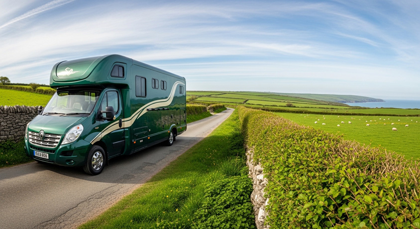 Green horse lorry on a coastal country lane