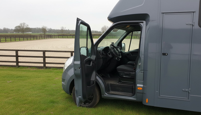 Grey horsebox cab with driver door open