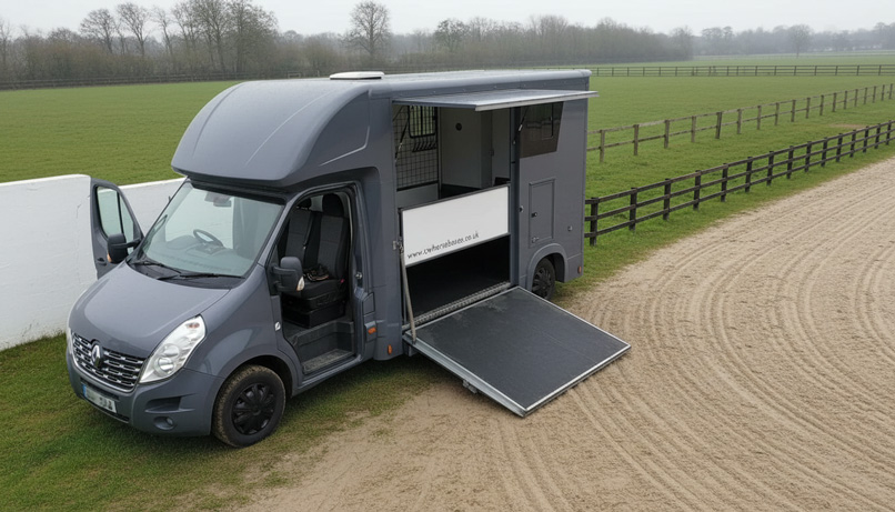 Grey horsebox with ramp down — aerial view
