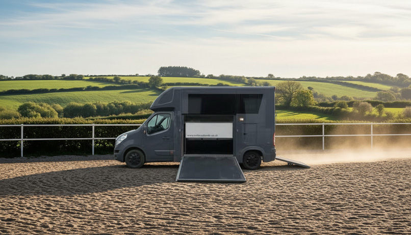 Grey horsebox with ramp down in the countryside