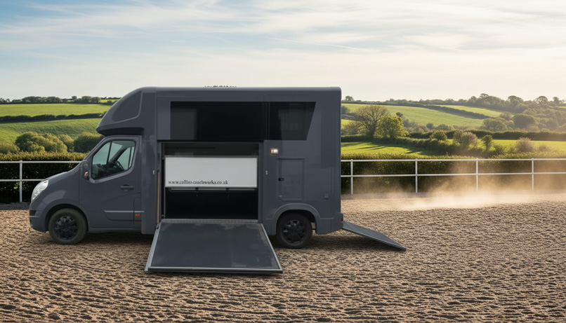 Grey horsebox with rear ramp open