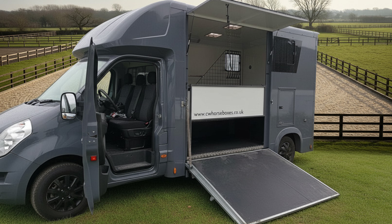 Grey horsebox with side ramp and cab door open