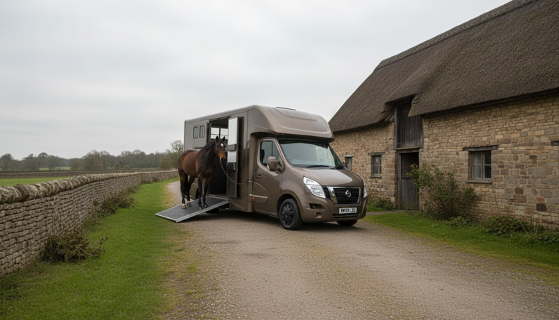 Horsebox with ramp down — horse loading at a farmyard