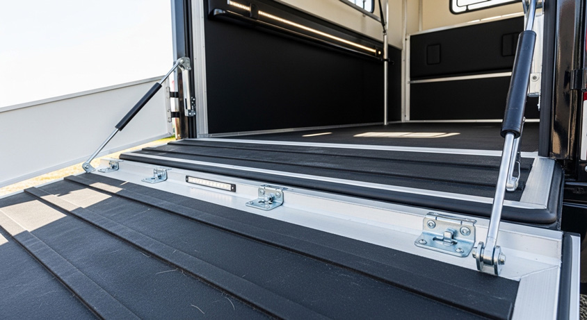 Horsebox rear ramp mechanism close-up