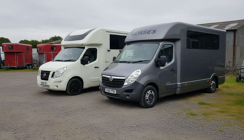 Two horseboxes parked in a working yard