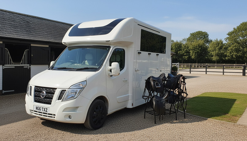 White horsebox with saddle rack at a stableyard