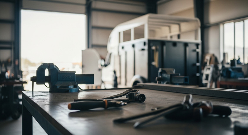 Workshop bench with tools — horsebox build in progress
