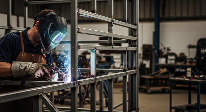 Welding a horsebox frame in the workshop